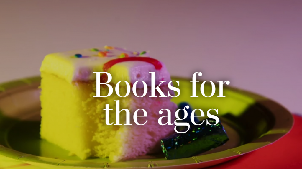 Books for the Ages graphic text with cake background