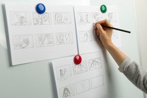 story telling wireframe drawings on wall