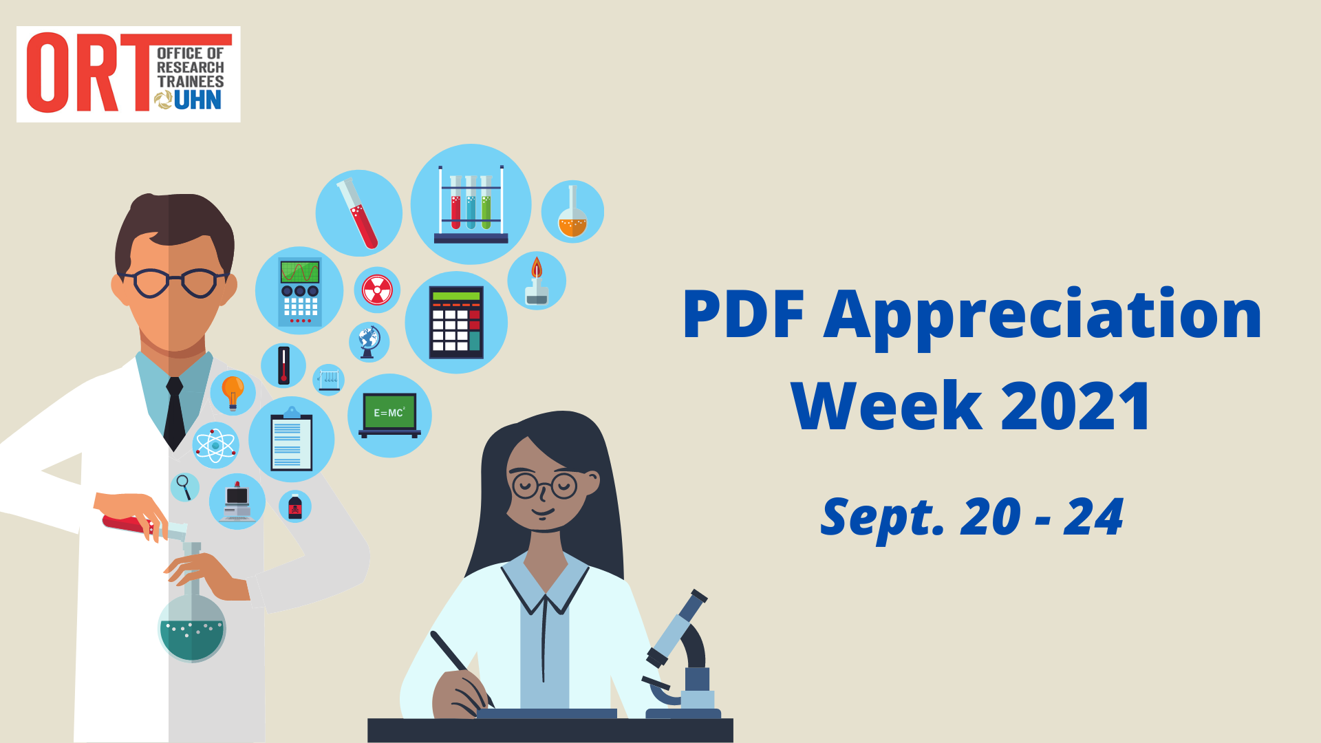 Poster for PDF Appreciation Week 2021. September 20-24. The poster is beige with an image of two scientists, one with a microscope writing on a piece of paper and another with different blue bubbles of science objects coming out of the flask.