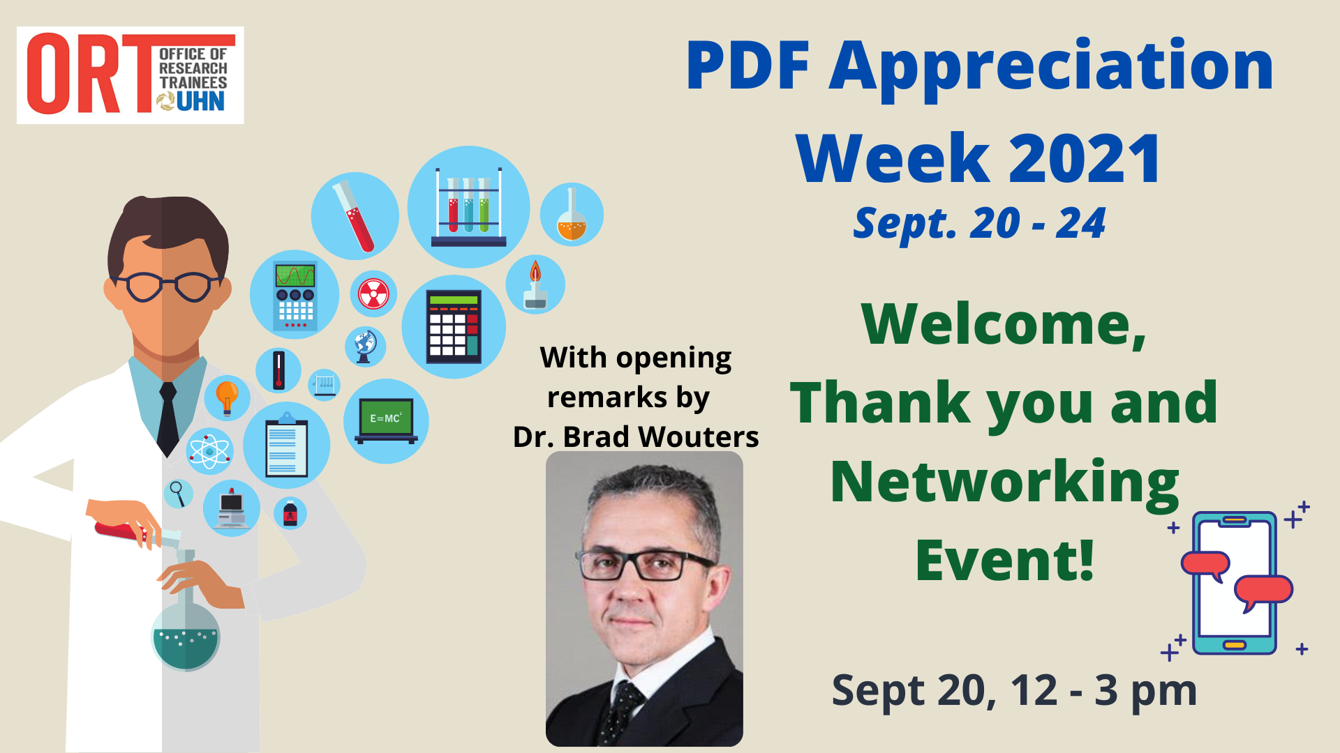 Poster for a PDF Appreciation Week 2021 Event. Welcome, Thank you, and Networking Event. Sept 23, 12- 3 pm. With opening remarks by Dr. Brad Wouters.