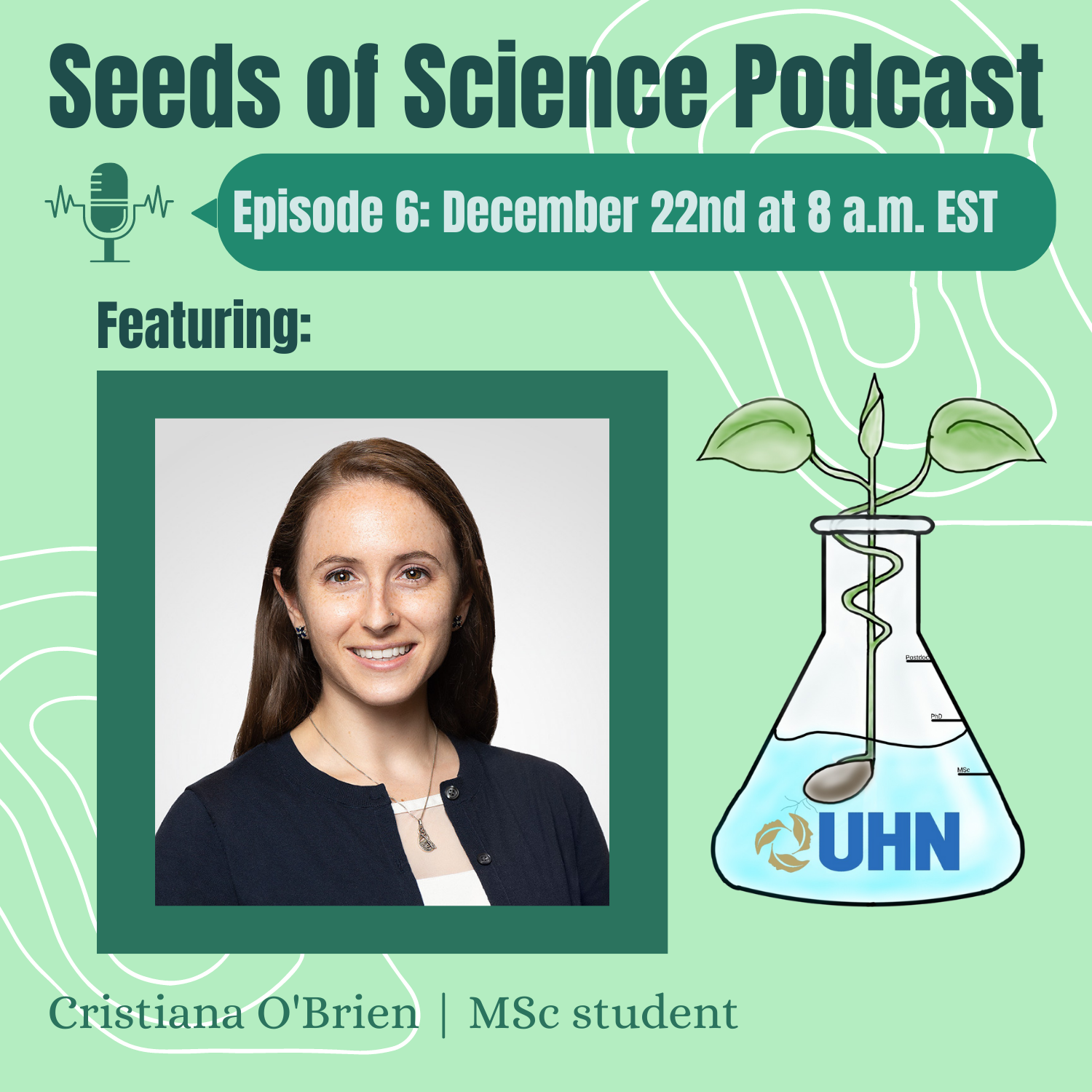 Seeds of Science Podcast poster. Episode 6: December 22nd at 8 am EST. Cristiana O'Brien, MSc student