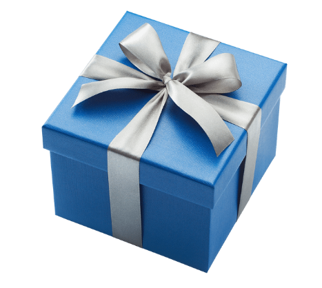 A blue gift box with a silver ribbon and bow