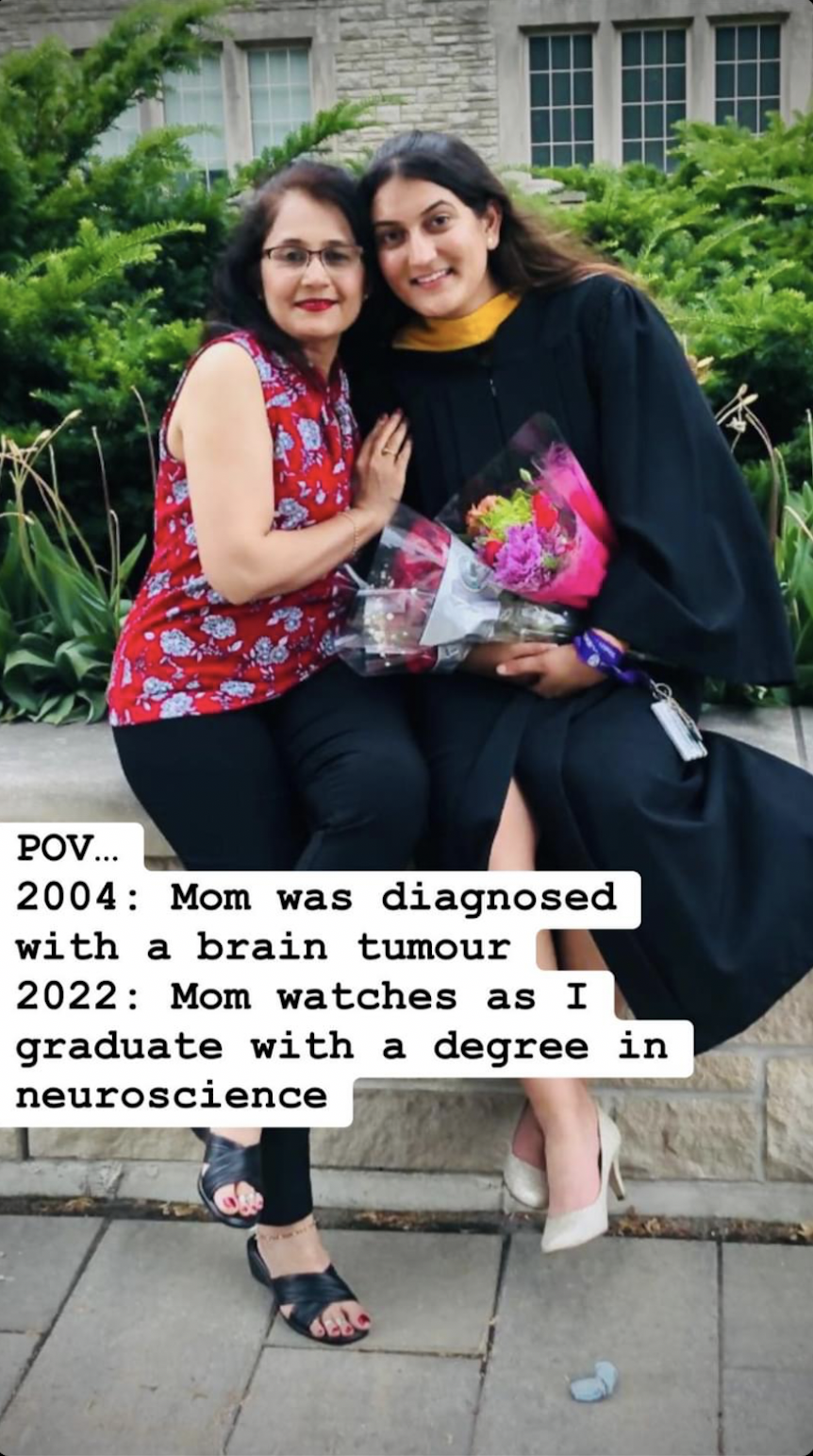 Photo of Shreya and her mom. POV: 2004: Mom was diagnosed with a brain tumour. 2022: Mom watches as I graduate with a degree in neuroscience