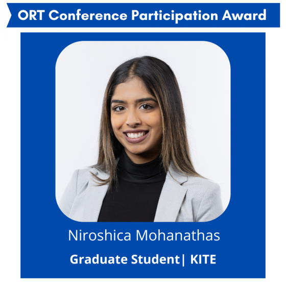 Image of an award certificate titled 'ORT Conference Participation Award.' It features the smiling award recipient with long dark hair, dressed in a light grey blazer over a black top. Her name, 'Niroshica Mohanathas,' is printed in bold along with the title 'Graduate Student | KITE' beneath her photo.