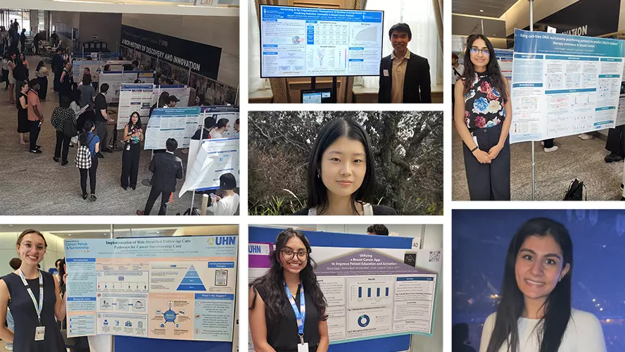 Collage of UHN summer students presenting research posters and attending a symposium. Includes photos of students standing by posters and posing individually, with a busy indoor event space in the background.