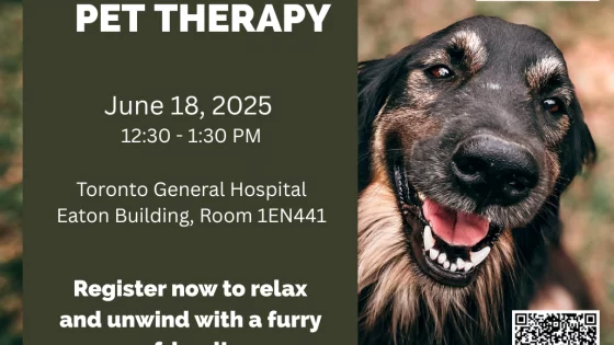 Poster for a Pet Therapy event hosted by the Office of Research Trainees (ORT) at UHN. The event takes place on June 18, 2025, from 12:30 to 1:30 PM at Toronto General Hospital, Eaton Building, Room 1EN441. The poster features a smiling dog on the right and encourages attendees to “relax and unwind with a furry friend.” A QR code is provided for registration, and the ORT logo appears in the top right corner.