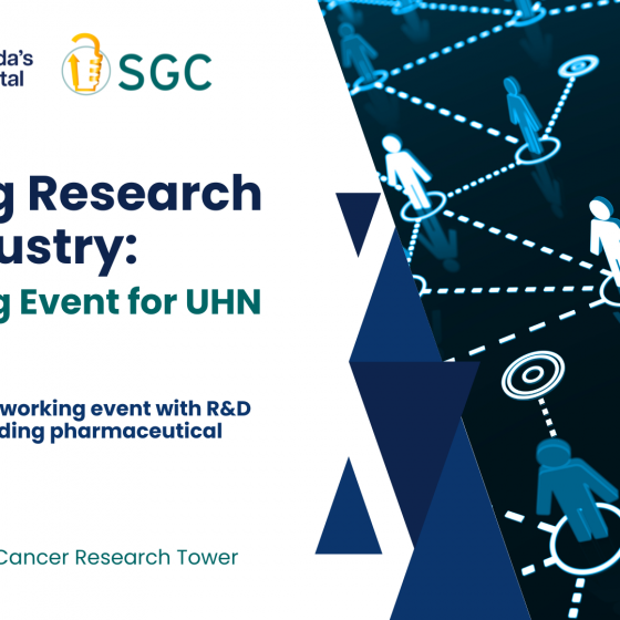 Promotional graphic for a UHN and SGC event titled “Bridging Research and Industry: Networking Event for UHN Trainees.” The poster includes details about a panel Q&A and networking event with R&D scientists from leading pharmaceutical companies, scheduled for October 29, 2025, from 5:15 to 6:30 pm at the Princess Margaret Cancer Research Tower. The design features the UHN and SGC logos on the left, bold event text, and a blue geometric background with stylized connected figures representing networking.
