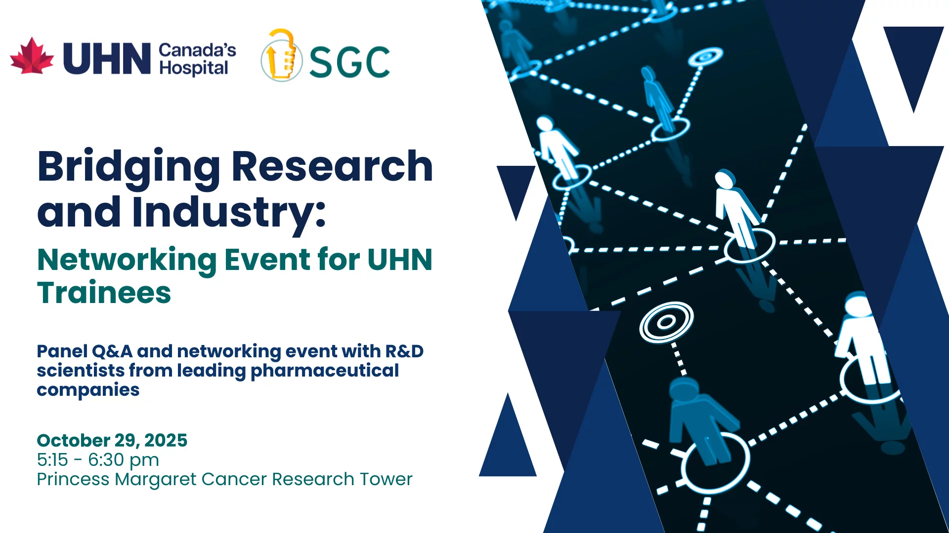 Promotional graphic for a UHN and SGC event titled “Bridging Research and Industry: Networking Event for UHN Trainees.” The poster includes details about a panel Q&A and networking event with R&D scientists from leading pharmaceutical companies, scheduled for October 29, 2025, from 5:15 to 6:30 pm at the Princess Margaret Cancer Research Tower. The design features the UHN and SGC logos on the left, bold event text, and a blue geometric background with stylized connected figures representing networking.