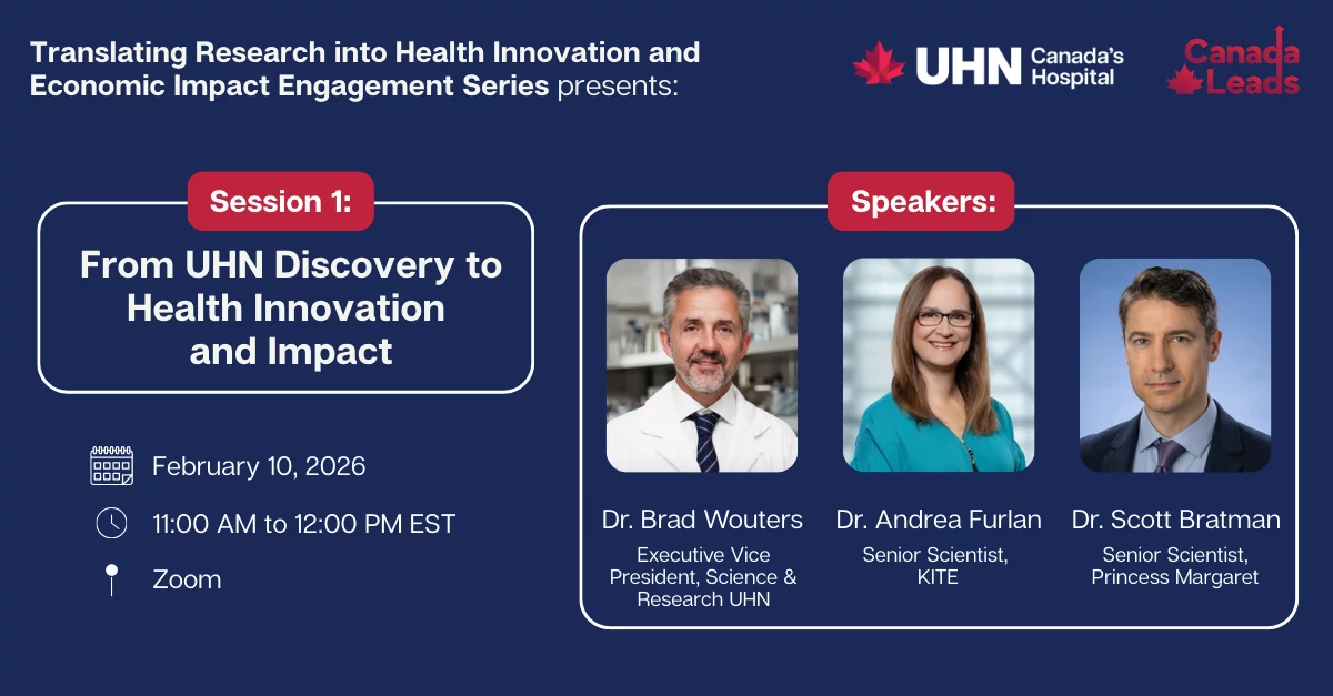 Promotional slide for UHN’s “Translating Research into Health Innovation and Economic Impact Engagement Series.” Session 1 is titled “From UHN Discovery to Health Innovation and Impact,” scheduled for February 10, 2026, from 11:00 AM to 12:00 PM EST on Zoom. Featured speakers are Dr. Brad Wouters (Executive Vice President, Science & Research, UHN), Dr. Andrea Furlan (Senior Scientist, KITE), and Dr. Scott Bratman (Senior Scientist, Princess Margaret). UHN and Canada Leads logos appear at the top.