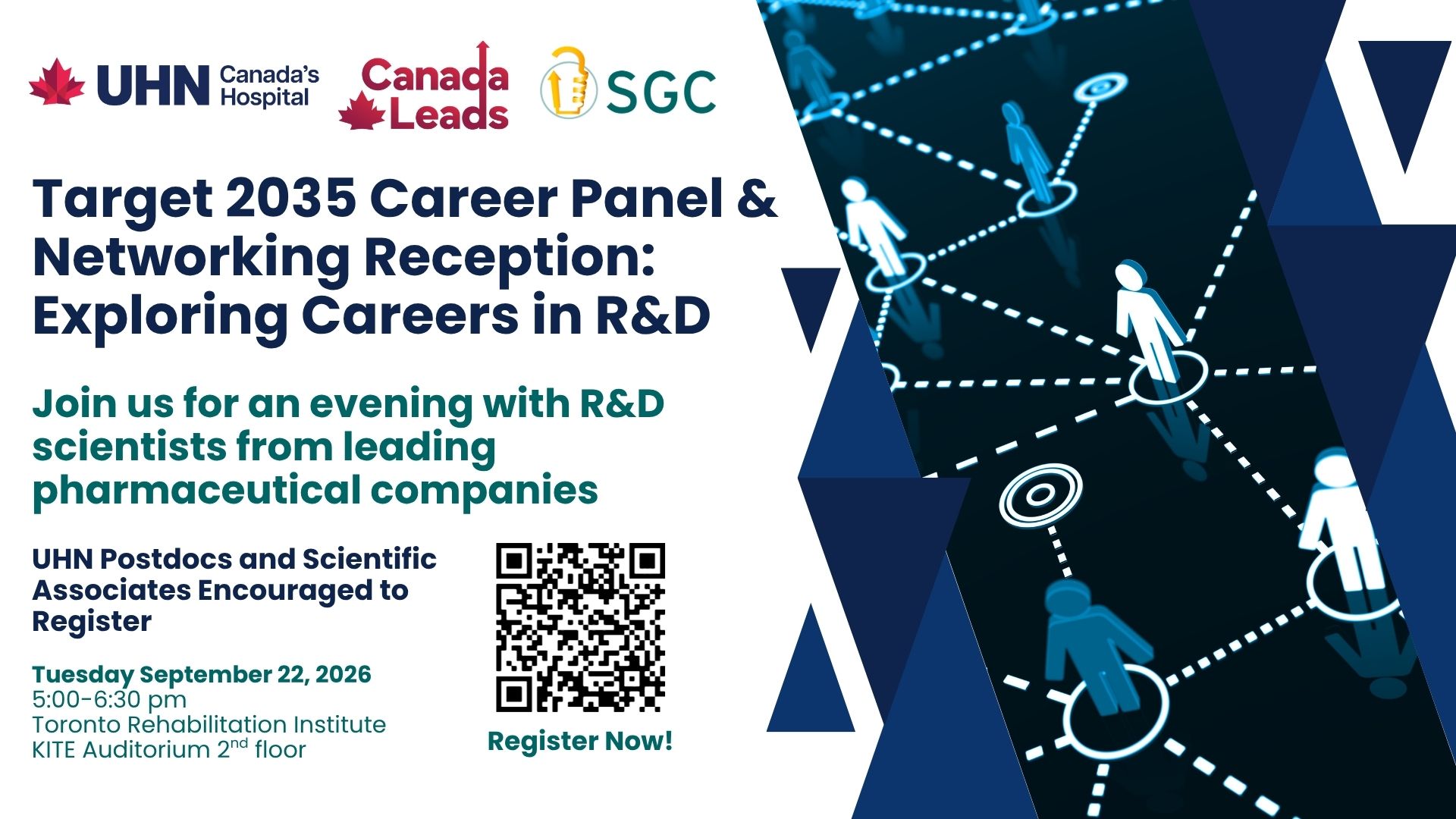 Event overview for the Target 2035 Career Panel & Networking Night. Includes a QR Code to register