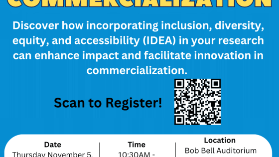 Promotional poster for “Incorporating IDEA in Research and Commercialization.” The session explores how inclusion, diversity, equity, and accessibility (IDEA) can enhance research impact and support innovation in commercialization. Event details: Thursday, November 5, 2026, 10:30 a.m. to 12:00 p.m., Bob Bell Auditorium, Princess Margaret Hospital. Includes a QR code for registration and UHN Office of Research Trainees contact information.